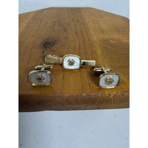 Vintage Anson Masonic 32 Degree Cufflinks Tie Bar Set Gold Tone Pearl